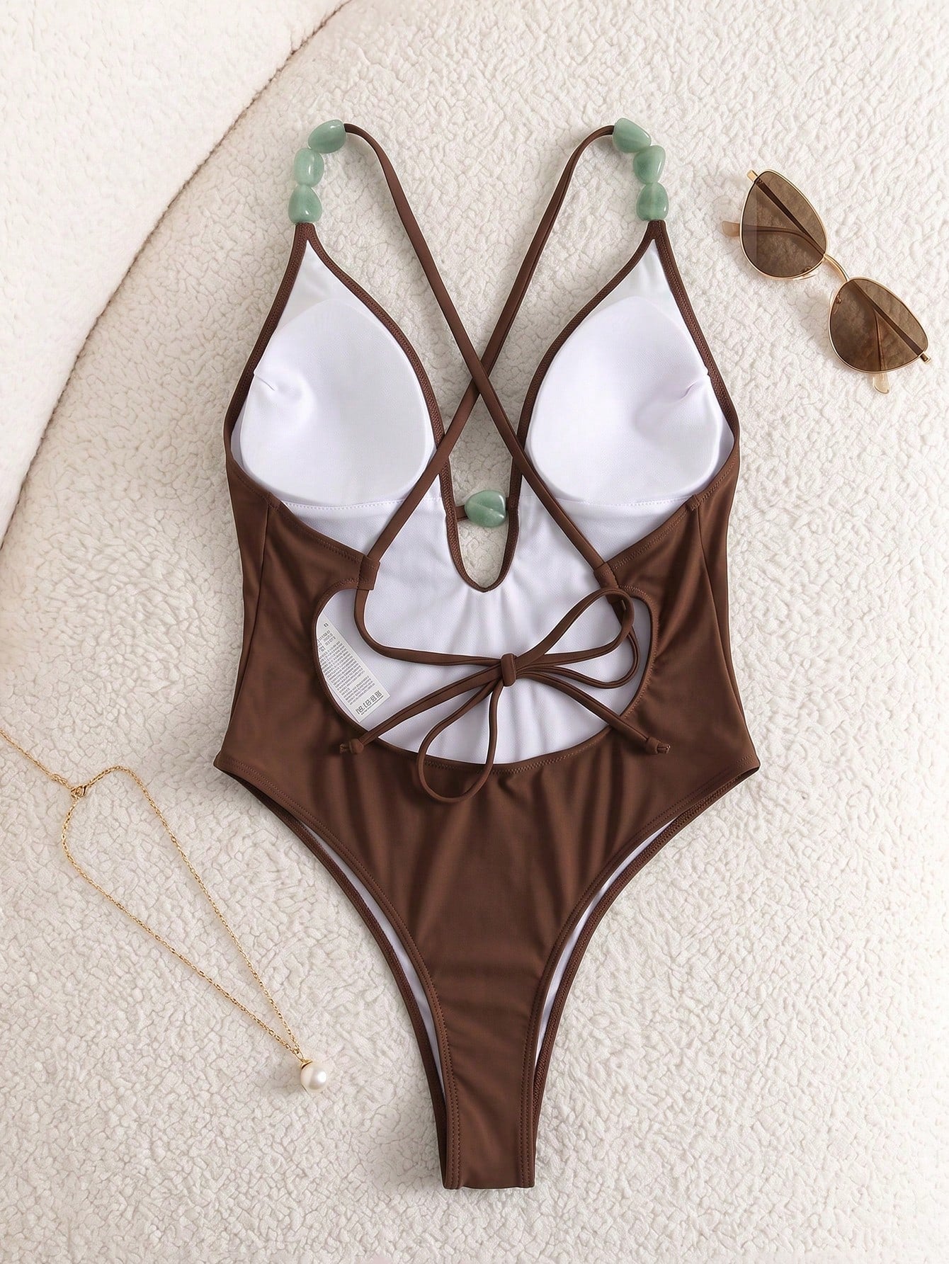2026 Summer New Women's Swimwear, Women's Summer Vacation Beach Outfit, Deep V-Neck Spaghetti Strap One-Piece Swimsuit With Green Beaded Detail Black