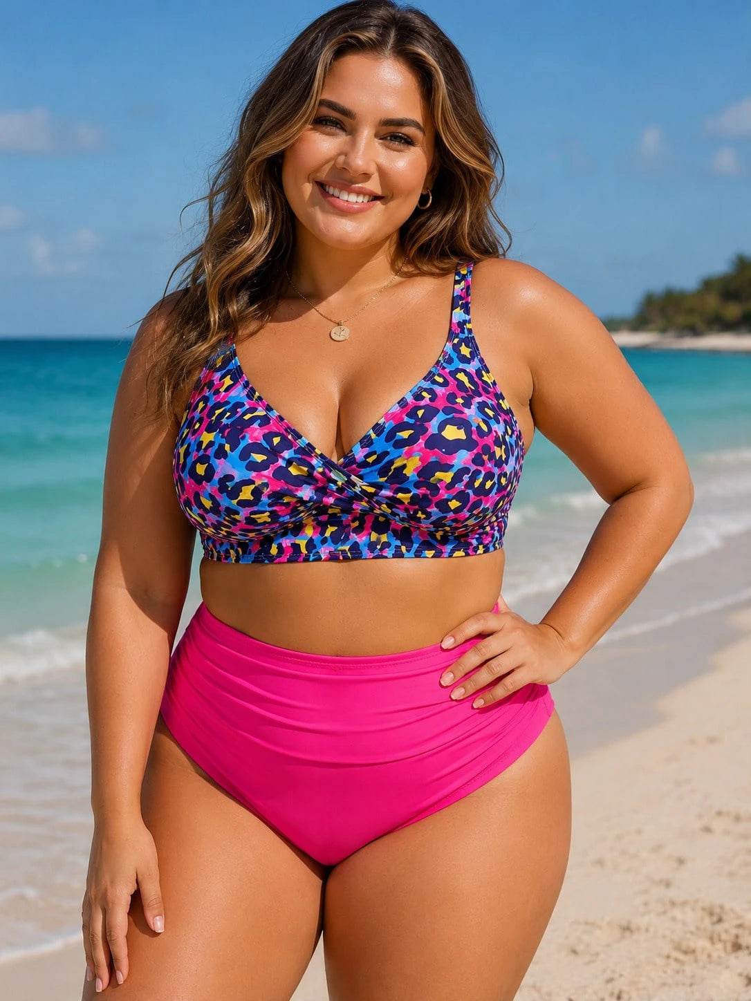 2026 Summer Plus Size Womens Bikini Set, Leopard Print V Neck Swim Top, Hot Pink High Waist Ruched Tummy Control Beach Pool Vacation Swimwear, 1XL-4XL