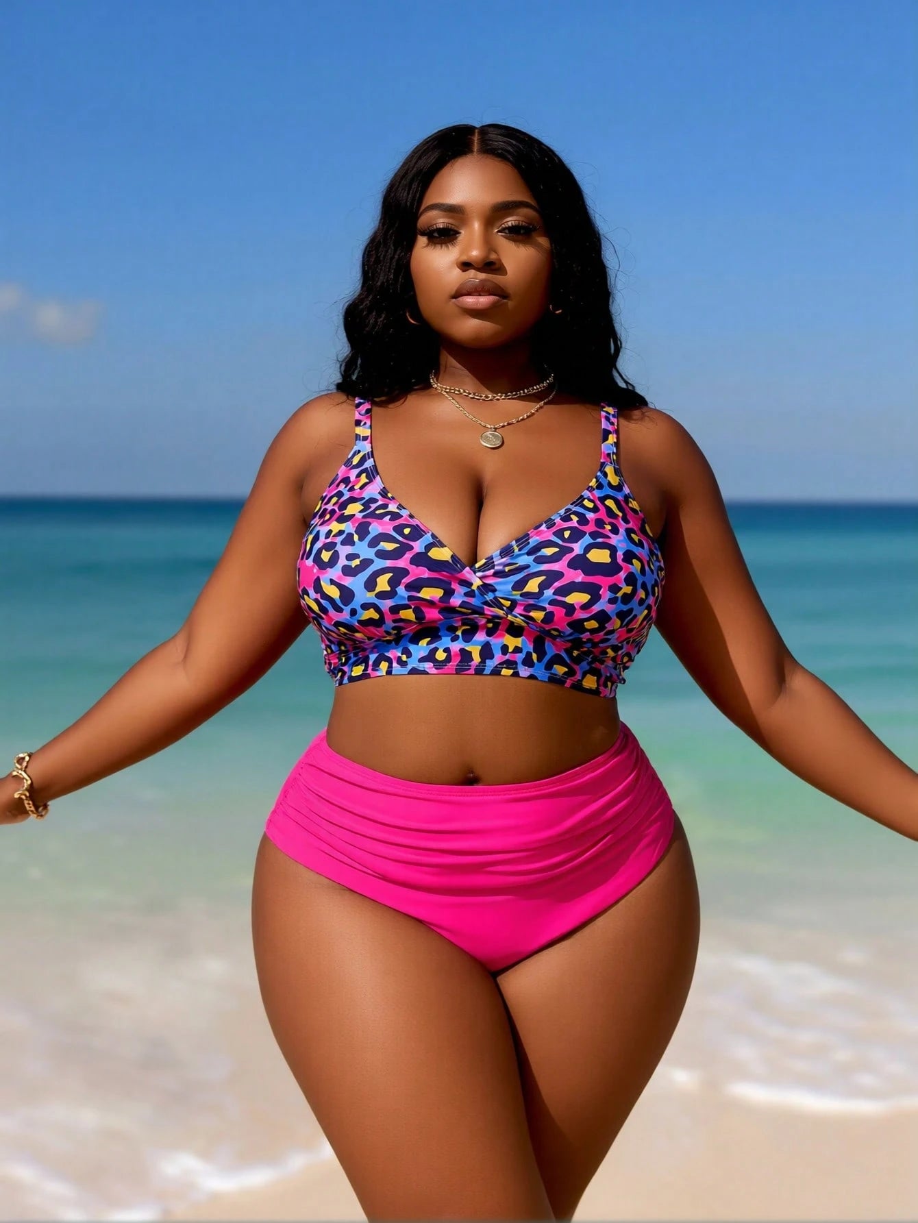 2026 Summer Plus Size Womens Bikini Set, Leopard Print V Neck Swim Top, Hot Pink High Waist Ruched Tummy Control Beach Pool Vacation Swimwear, 1XL-4XL