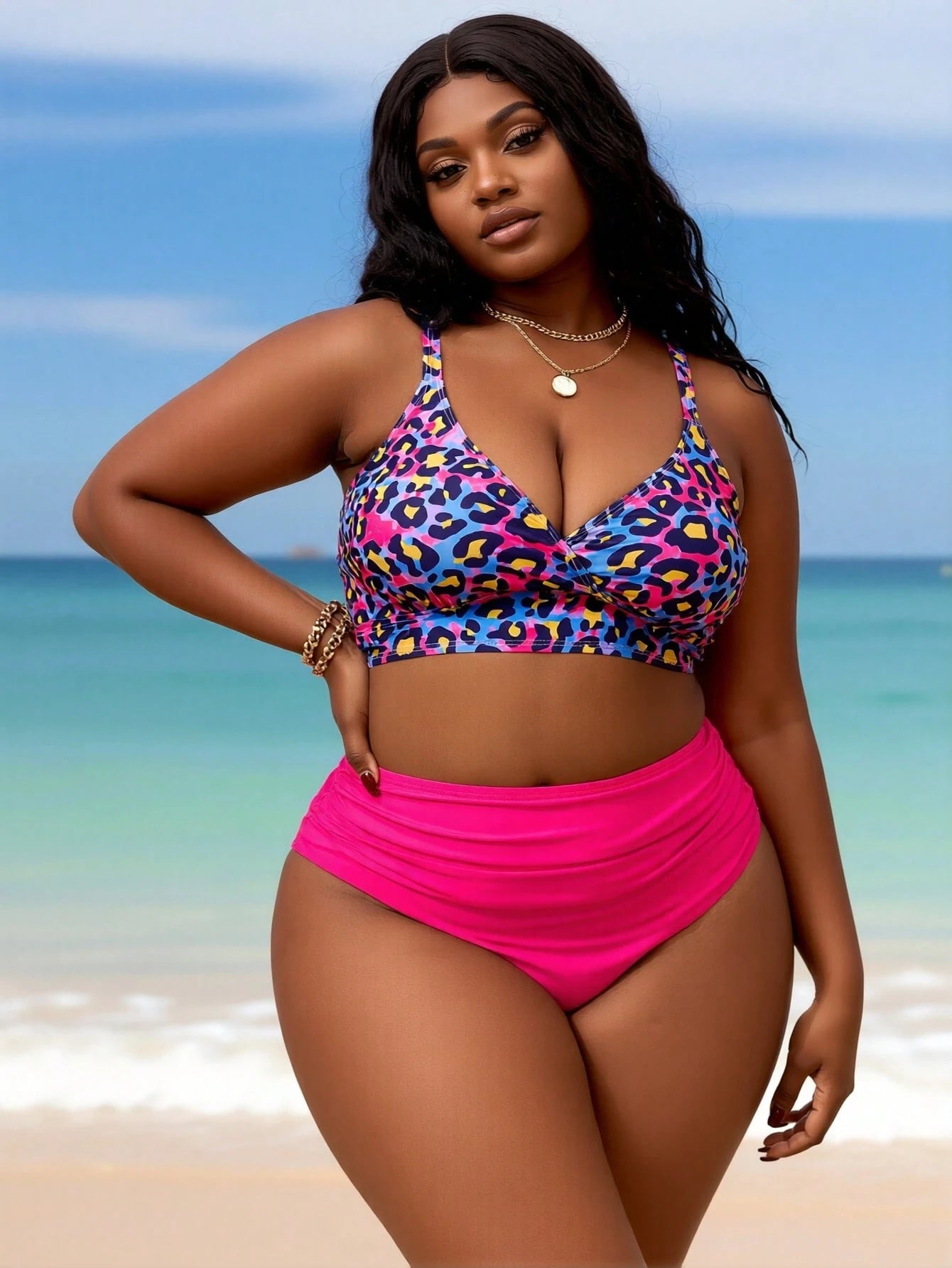 2026 Summer Plus Size Womens Bikini Set, Leopard Print V Neck Swim Top, Hot Pink High Waist Ruched Tummy Control Beach Pool Vacation Swimwear, 1XL-4XL