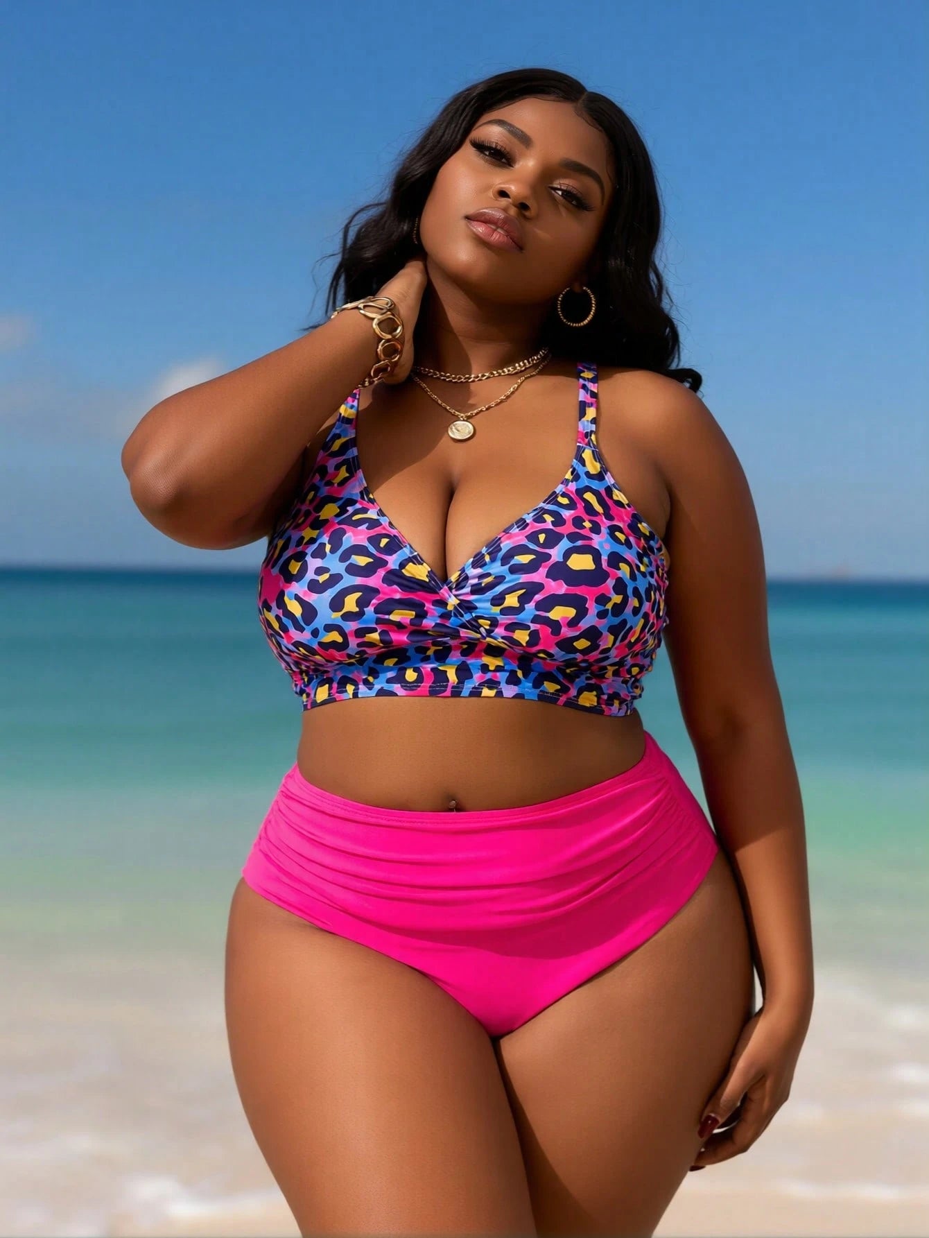 2026 Summer Plus Size Womens Bikini Set, Leopard Print V Neck Swim Top, Hot Pink High Waist Ruched Tummy Control Beach Pool Vacation Swimwear, 1XL-4XL