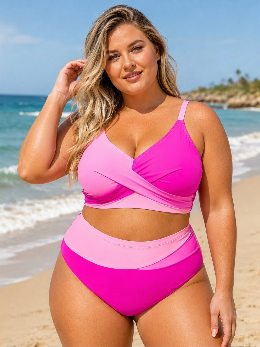 2026 Summer Plus Size Womens Bikini Set, Leopard Print V Neck Swim Top, Hot Pink High Waist Ruched Tummy Control Beach Pool Vacation Swimwear, 1XL-4XL