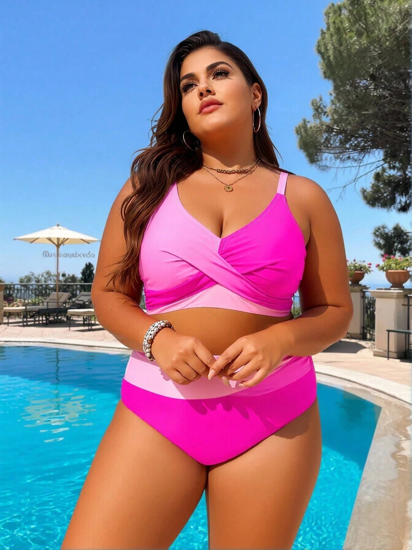 2026 Summer Plus Size Womens Bikini Set, Leopard Print V Neck Swim Top, Hot Pink High Waist Ruched Tummy Control Beach Pool Vacation Swimwear, 1XL-4XL
