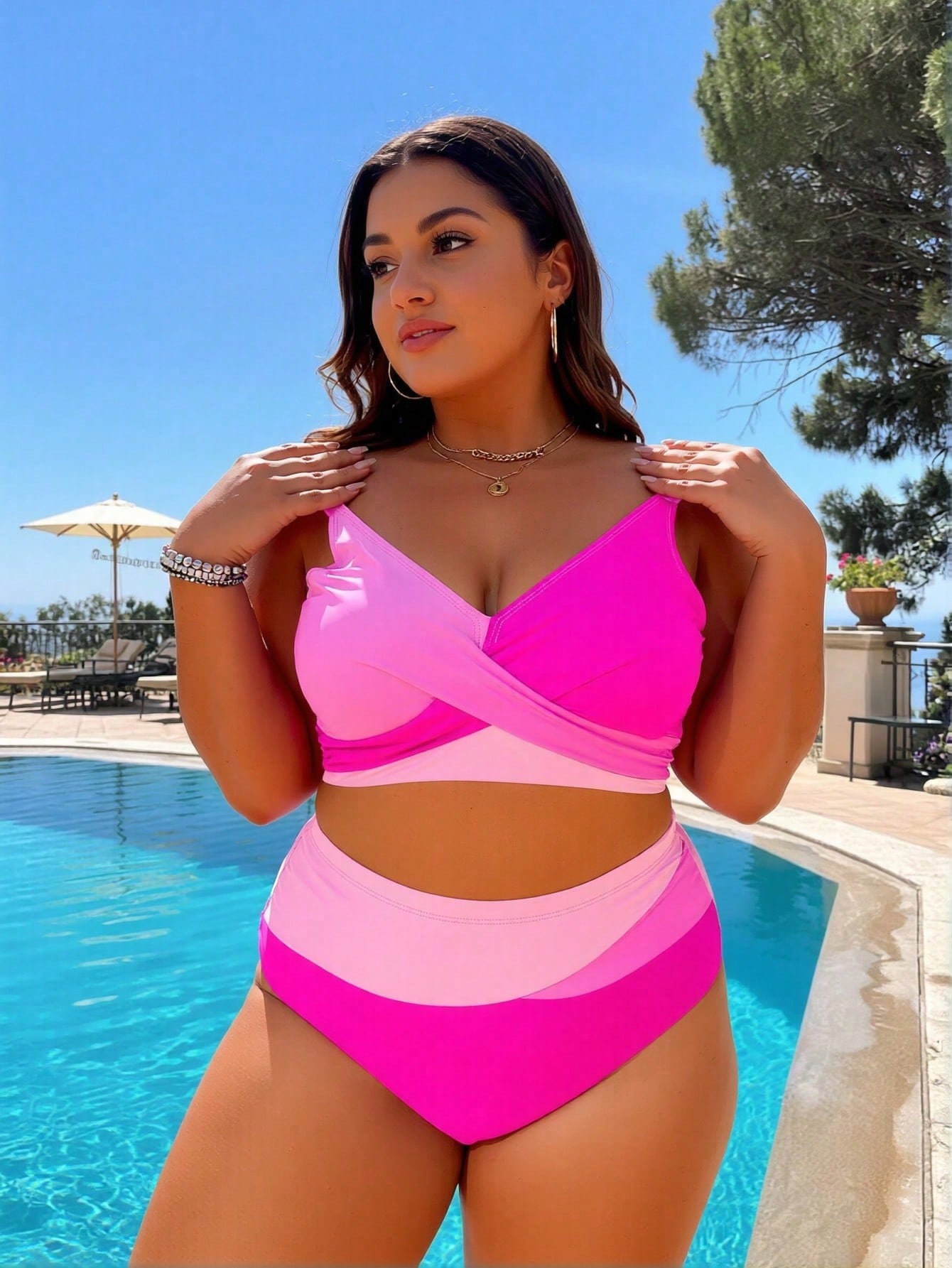 2026 Summer Plus Size Womens Bikini Set, Leopard Print V Neck Swim Top, Hot Pink High Waist Ruched Tummy Control Beach Pool Vacation Swimwear, 1XL-4XL