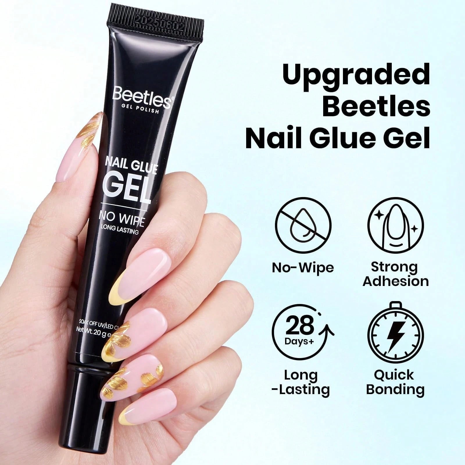 20G No Wipe Nail Glue Gel Beetles, Hands-Free Solid Nail Glue, UV LED Soak Off, Long Lasting Strong Adhesive, For Press On Nails, Acrylic Extensions, Soft Nail Tips & 3D Nail Art, Beginner Daily Manic