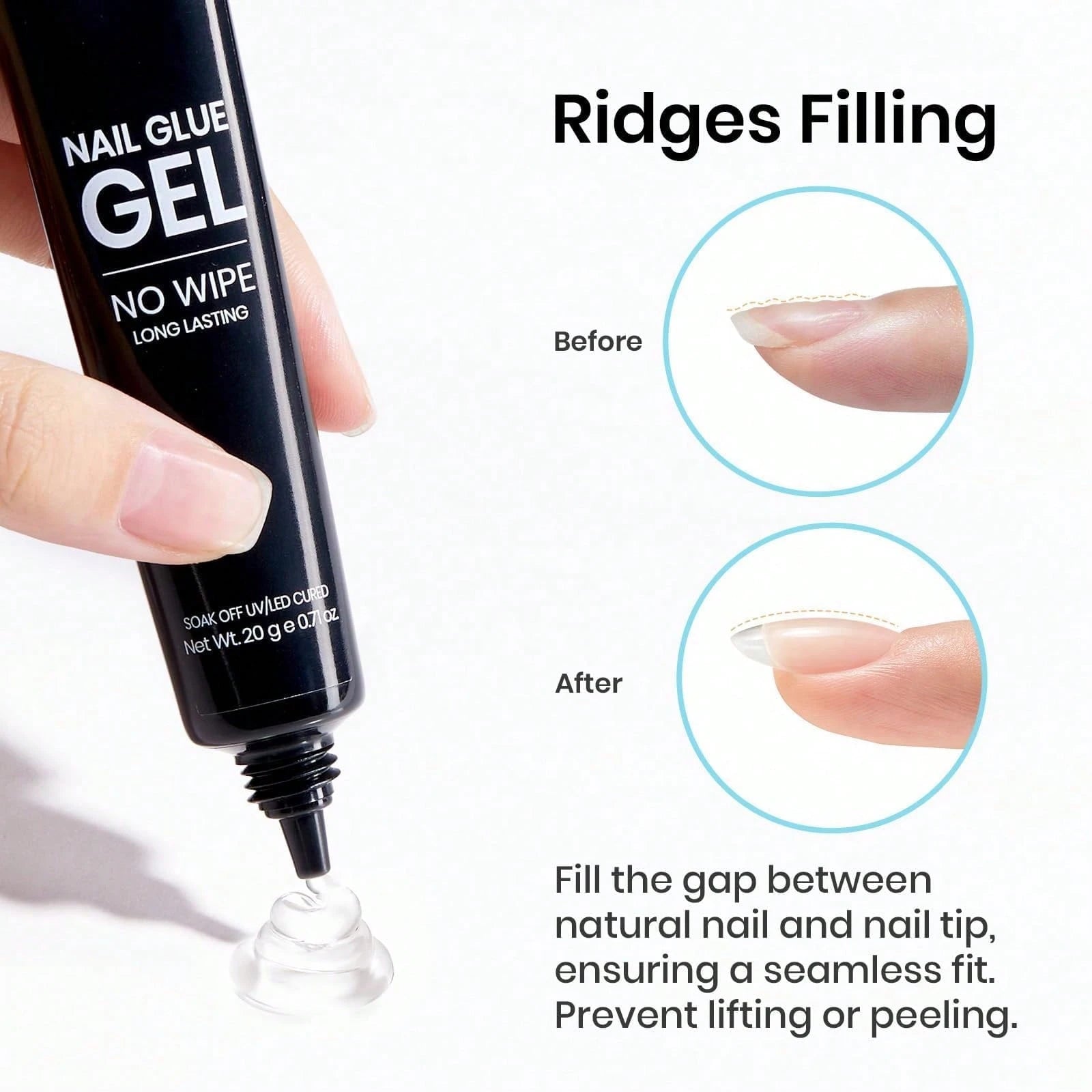20G No Wipe Nail Glue Gel Beetles, Hands-Free Solid Nail Glue, UV LED Soak Off, Long Lasting Strong Adhesive, For Press On Nails, Acrylic Extensions, Soft Nail Tips & 3D Nail Art, Beginner Daily Manic