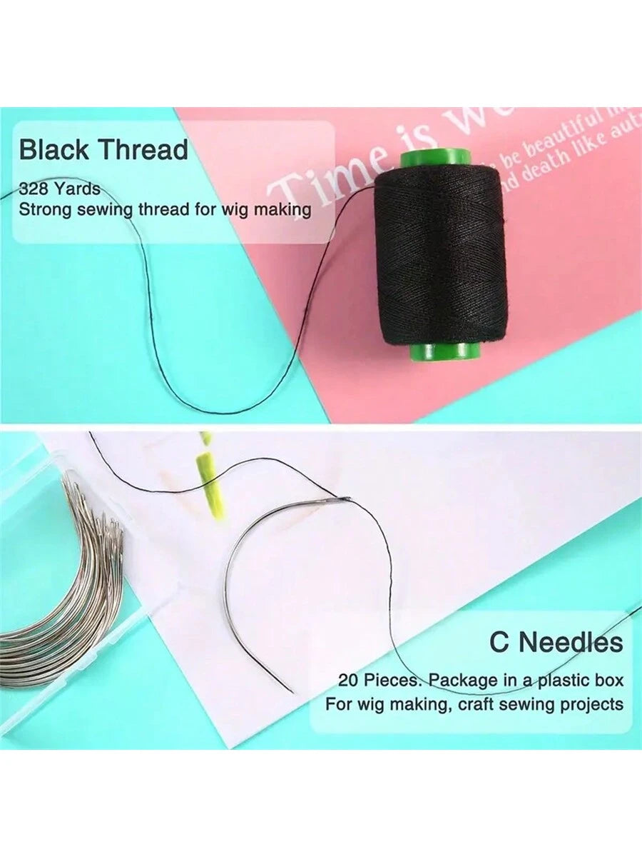 20pcs/Set C-Shape Curved Needles, Hooking Needles With 1 Roll Sewing Thread, For Wig Making And Wig Repair, Wig Maintenance Tools