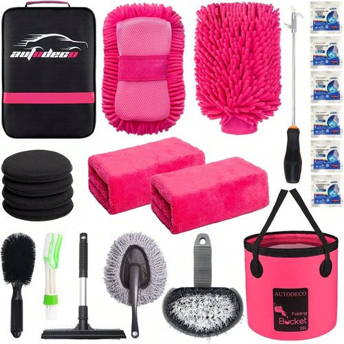 22Pcs Car Wash Cleaning Tools Kit Car Detailing Set With Blue Canvas Bag Collapsible Bucket Wash Mitt Sponge Towels Tire Brush Window Scraper Duster Complete Interior Car Care Kit
