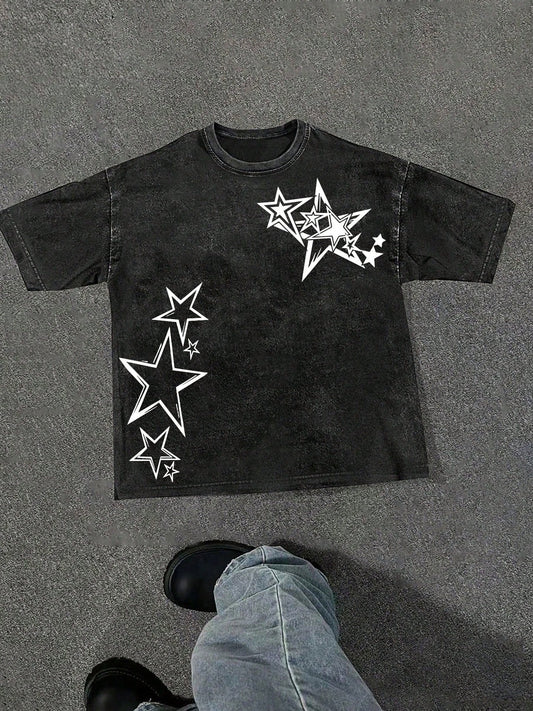 (230g T-Shirt)Men's Washed Cotton Star Graphic Tee, Oversized Loose Casual Crew Neck Short Sleeve T-Shirt, Retro Streetwear Comfortable Soft Top