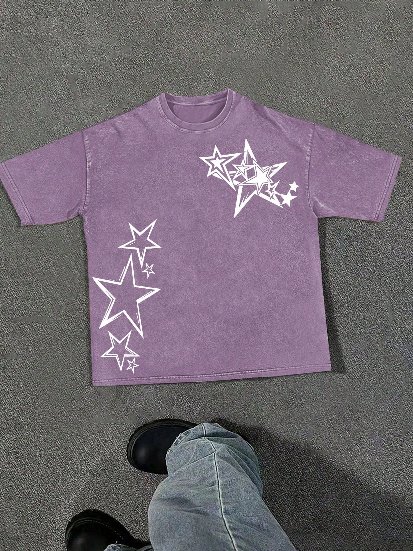 (230g T-Shirt)Men's Washed Cotton Star Graphic Tee, Oversized Loose Casual Crew Neck Short Sleeve T-Shirt, Retro Streetwear Comfortable Soft Top