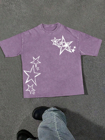 (230g T-Shirt)Men's Washed Cotton Star Graphic Tee, Oversized Loose Casual Crew Neck Short Sleeve T-Shirt, Retro Streetwear Comfortable Soft Top