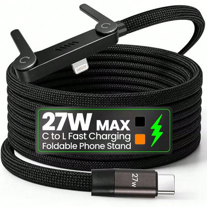 240W/65W/27W Fast Charging Cable & Phone Stand 2-In-1 Foldable Holder + Bent Connector Design For Charging And Gaming/Watching Without Blocking Hands, Compatible With IPhone 17 Pro Max/17 Pro/17/Air/1