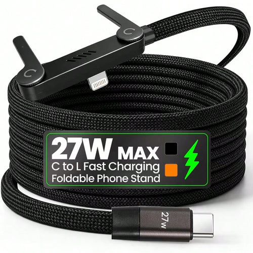 240W/65W/27W Fast Charging Cable & Phone Stand 2-In-1 Foldable Holder + Bent Connector Design For Charging And Gaming/Watching Without Blocking Hands, Compatible With IPhone 17 Pro Max/17 Pro/17/Air/1