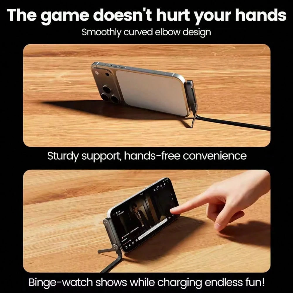 240W/65W/27W Fast Charging Cable & Phone Stand 2-In-1 Foldable Holder + Bent Connector Design For Charging And Gaming/Watching Without Blocking Hands, Compatible With IPhone 17 Pro Max/17 Pro/17/Air/1