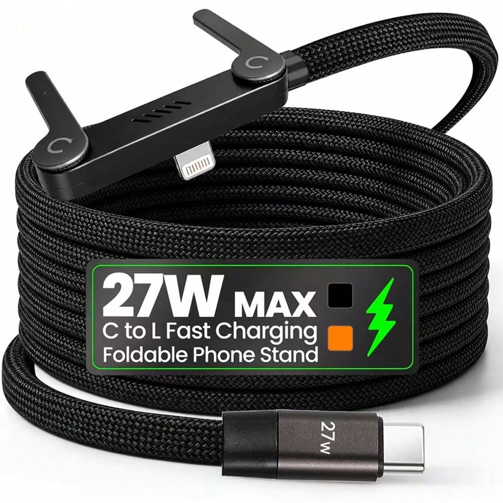 240W/65W/27W Fast Charging Cable & Phone Stand 2-In-1 Foldable Holder + Bent Connector Design For Charging And Gaming/Watching Without Blocking Hands, Compatible With IPhone 17 Pro Max/17 Pro/17/Air/1
