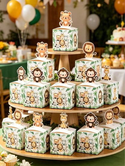 24pcs Jungle Animal Theme Baby Shower Party Favor Boxes, Cute Jungle Animal Birthday Party Candy Boxes, Gender Reveal Party Tableware Paper Gift Boxes, Baby Shower Birthday Party Family Party Gifts Pa