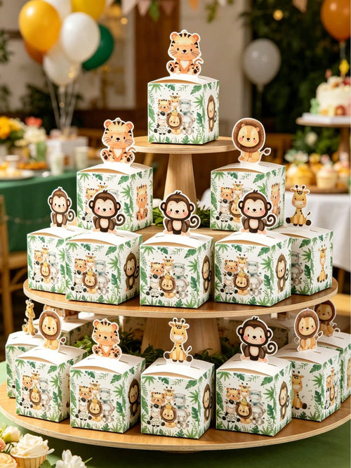 24pcs Jungle Animal Theme Baby Shower Party Favor Boxes, Cute Jungle Animal Birthday Party Candy Boxes, Gender Reveal Party Tableware Paper Gift Boxes, Baby Shower Birthday Party Family Party Gifts Pa