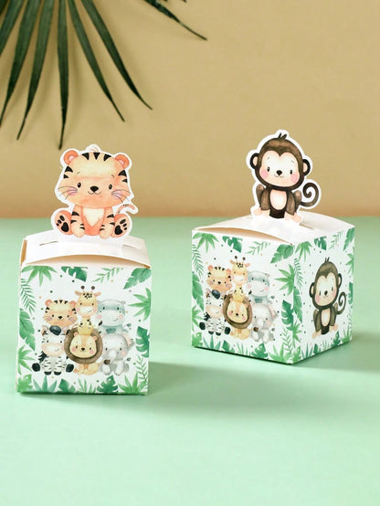 24pcs Jungle Animal Theme Baby Shower Party Favor Boxes, Cute Jungle Animal Birthday Party Candy Boxes, Gender Reveal Party Tableware Paper Gift Boxes, Baby Shower Birthday Party Family Party Gifts Pa