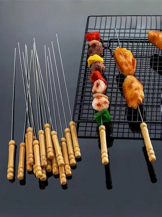 24pcs Stainless Steel Barbecue Skewers, Multi-Purpose Metal Kebab Sticks With Wooden Handles, Grilling Needles, Outdoor Cooking, Barbecue Accessories