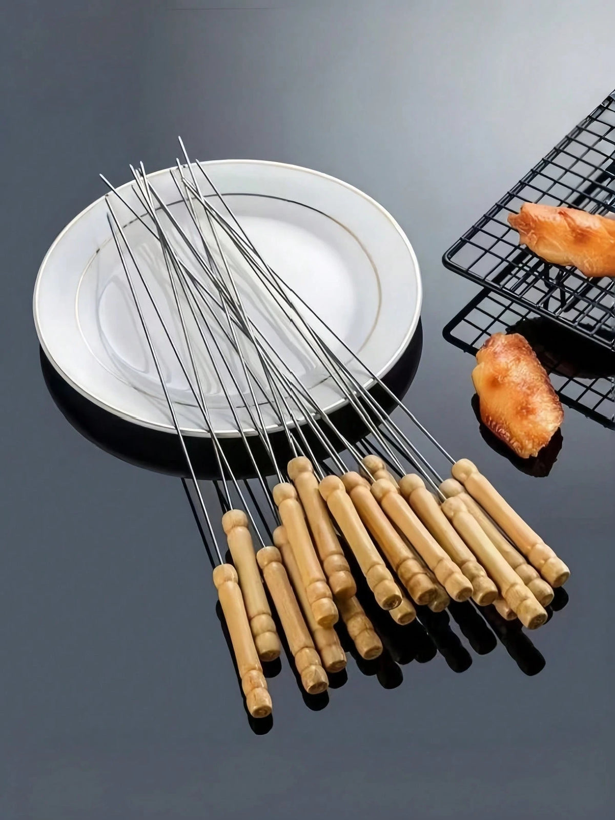 24pcs Stainless Steel Barbecue Skewers, Multi-Purpose Metal Kebab Sticks With Wooden Handles, Grilling Needles, Outdoor Cooking, Barbecue Accessories