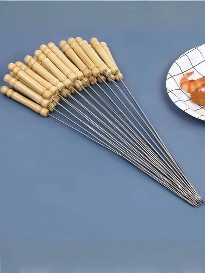 24pcs Stainless Steel Barbecue Skewers, Multi-Purpose Metal Kebab Sticks With Wooden Handles, Grilling Needles, Outdoor Cooking, Barbecue Accessories