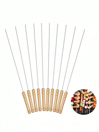 24pcs Stainless Steel Barbecue Skewers, Multi-Purpose Metal Kebab Sticks With Wooden Handles, Grilling Needles, Outdoor Cooking, Barbecue Accessories