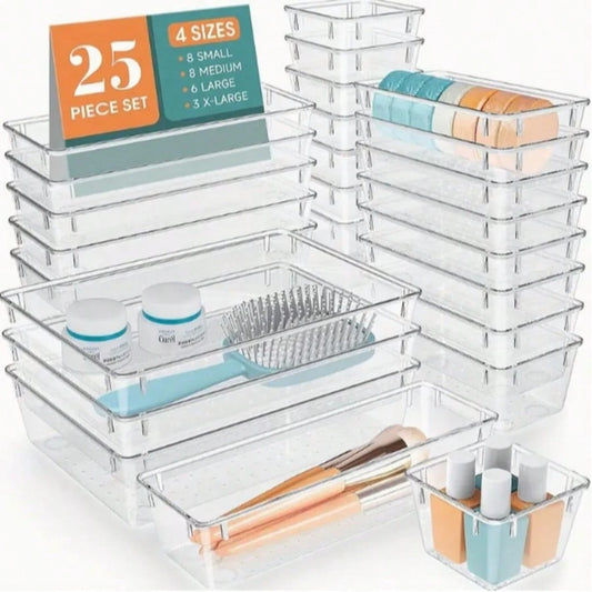 25 Pc Clear Plastic Drawer Organizer Set,4 Sizes In Drawer Trays For Bathroom,Office,Kitchen Cabinet And Vanity Organizers,Desk Organizer Bins For Jewelry,Cosmetic,Utensil