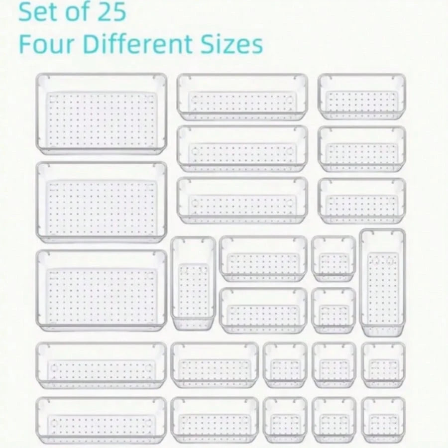 25 Pc Clear Plastic Drawer Organizer Set,4 Sizes In Drawer Trays For Bathroom,Office,Kitchen Cabinet And Vanity Organizers,Desk Organizer Bins For Jewelry,Cosmetic,Utensil
