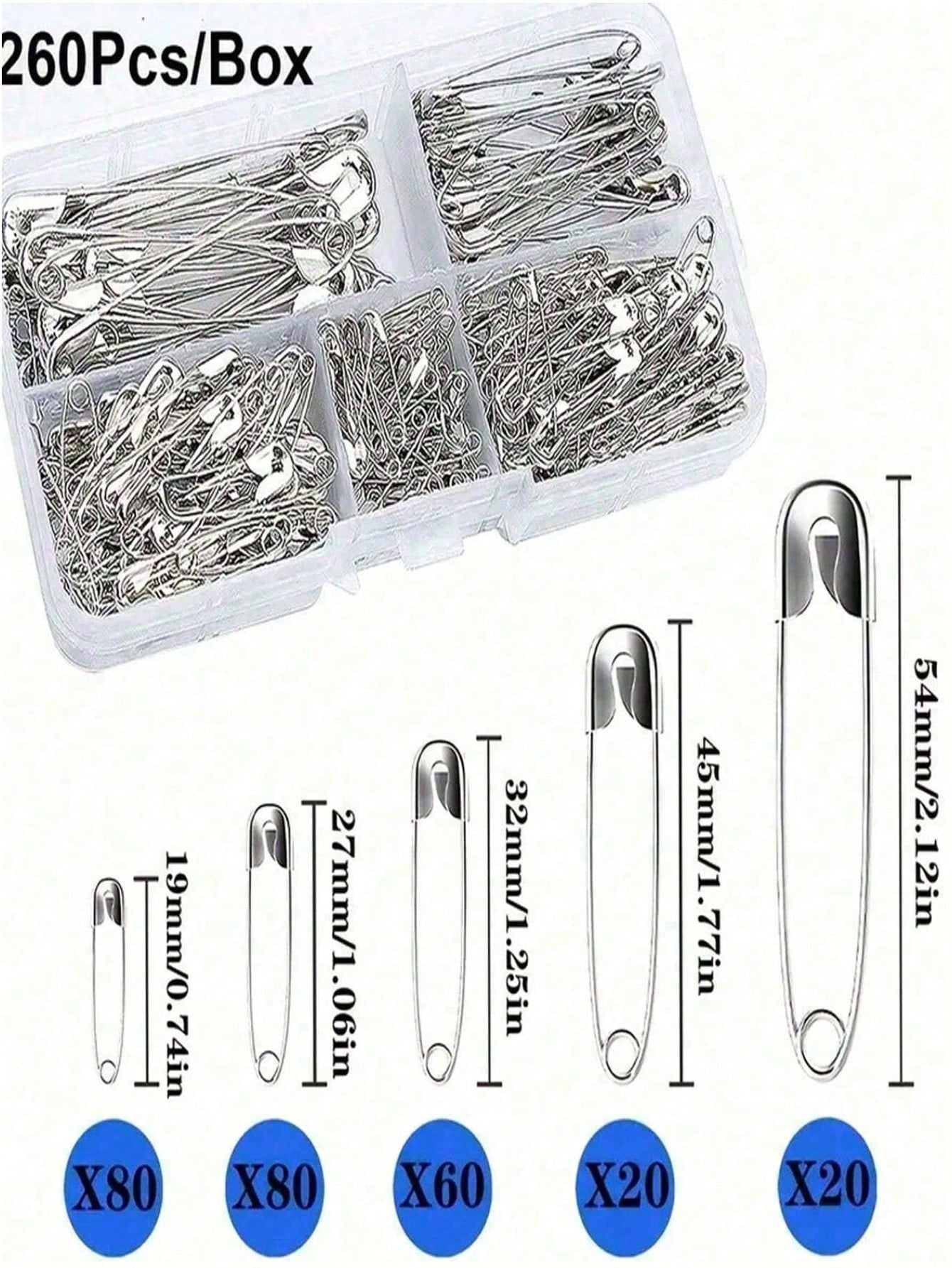 260pcs/1pc Assorted Sizes Safety Pins, Including Small, Large And Clothing Pins. These Pins Are Made Of Nickel-Plated Steel, Suitable For Clothing, Crafts, Fastening, Pinning And Sewing. They Are Dura