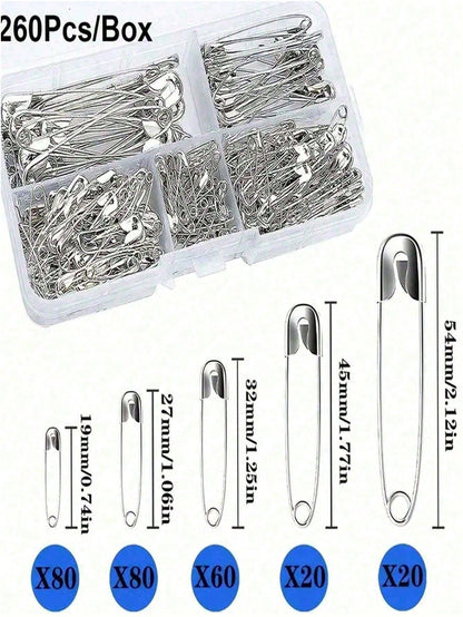 260pcs/1pc Assorted Sizes Safety Pins, Including Small, Large And Clothing Pins. These Pins Are Made Of Nickel-Plated Steel, Suitable For Clothing, Crafts, Fastening, Pinning And Sewing. They Are Dura