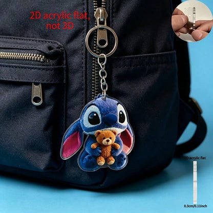 2D Flat- 1pc Stitch And Teddy Bear Pattern Keychain, 2D Flat, Cute Bear Ornament Stitch Keychain Pendant, Suitable For School Bags, Backpacks, Car Keys, Valentine's Day, Halloween, Easter, Thanksgivi