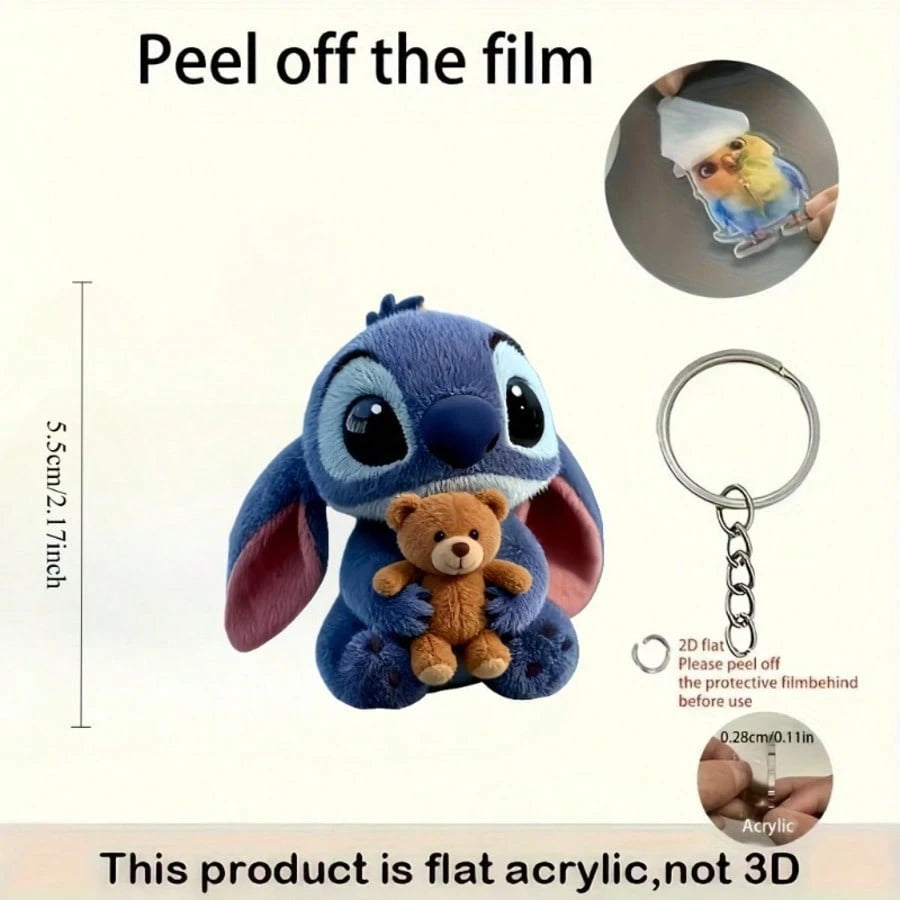 2D Flat- 1pc Stitch And Teddy Bear Pattern Keychain, 2D Flat, Cute Bear Ornament Stitch Keychain Pendant, Suitable For School Bags, Backpacks, Car Keys, Valentine's Day, Halloween, Easter, Thanksgivi