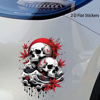 2D Flat 7-Inch Skull And Wave Pattern Sticker, Self-Adhesive Suitable For Cars, Laptops, Mobile Phones, Motorcycles, Windows, Walls, Etc., For Making Spooky Halloween Decorations, Etc