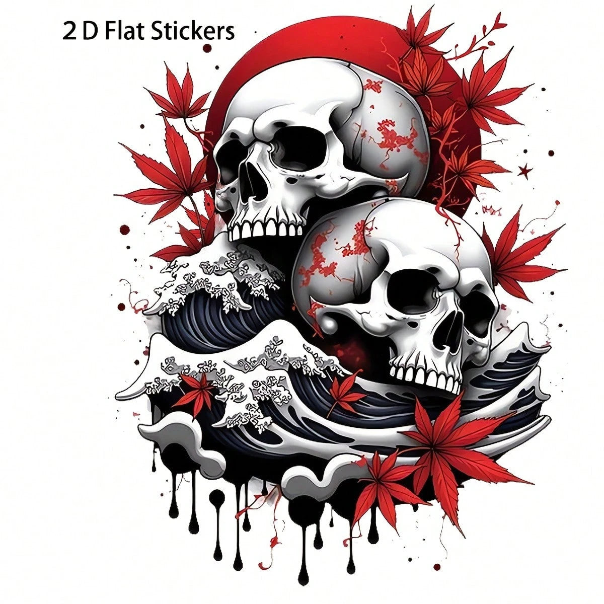 2D Flat 7-Inch Skull And Wave Pattern Sticker, Self-Adhesive Suitable For Cars, Laptops, Mobile Phones, Motorcycles, Windows, Walls, Etc., For Making Spooky Halloween Decorations, Etc