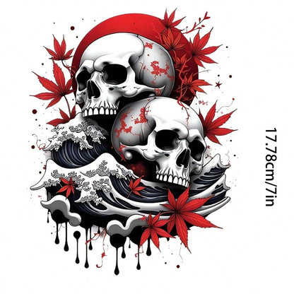 2D Flat 7-Inch Skull And Wave Pattern Sticker, Self-Adhesive Suitable For Cars, Laptops, Mobile Phones, Motorcycles, Windows, Walls, Etc., For Making Spooky Halloween Decorations, Etc