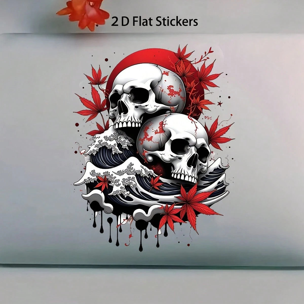 2D Flat 7-Inch Skull And Wave Pattern Sticker, Self-Adhesive Suitable For Cars, Laptops, Mobile Phones, Motorcycles, Windows, Walls, Etc., For Making Spooky Halloween Decorations, Etc