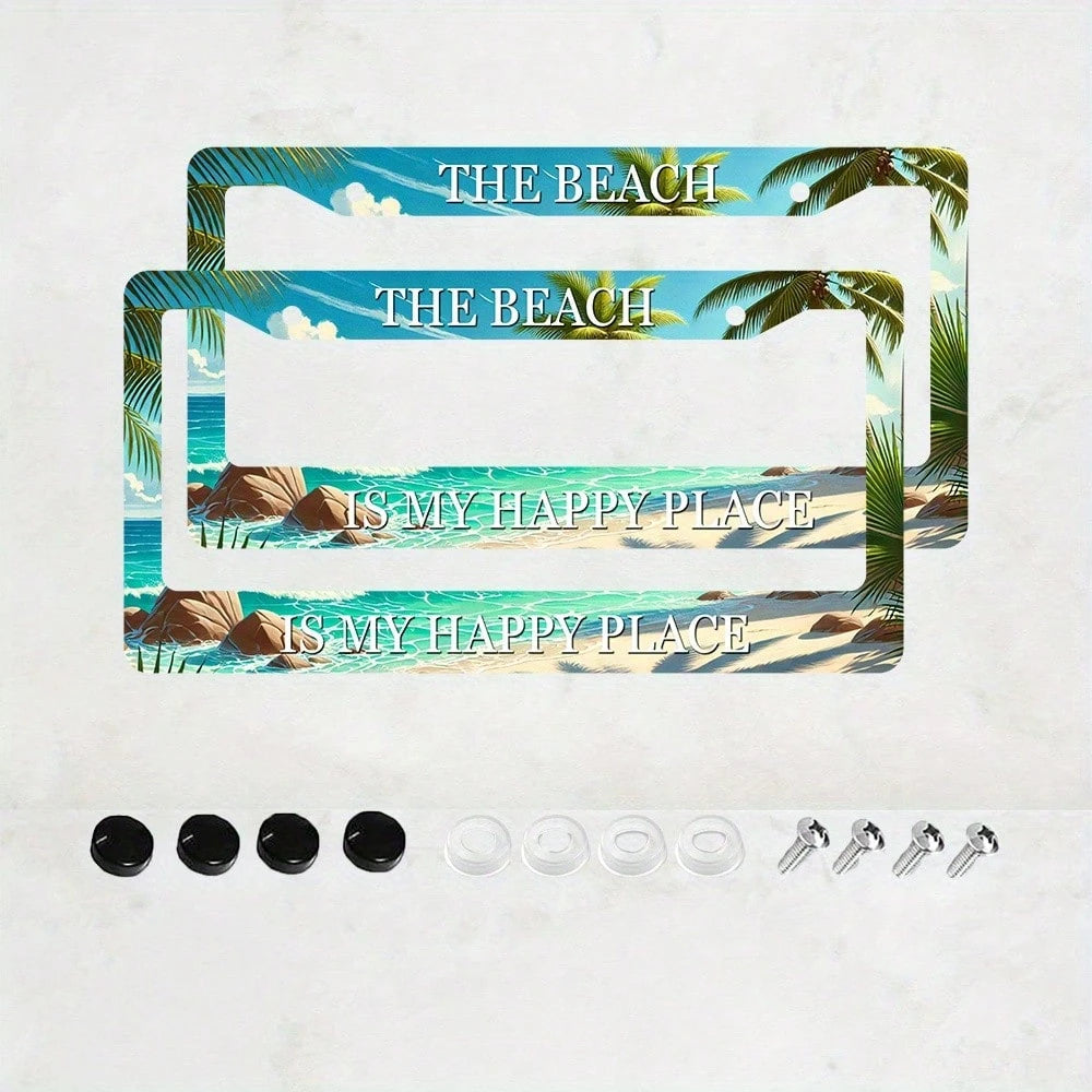 2D Flat Design, Single-Piece, For Decorative Purposes Only, Tropical Beach Scene License Plate Frame, 2.2inch * 6.2inch Aluminum Alloy Car Accessory, Featuring Palm Trees, Sunset And Ocean Patterns, C