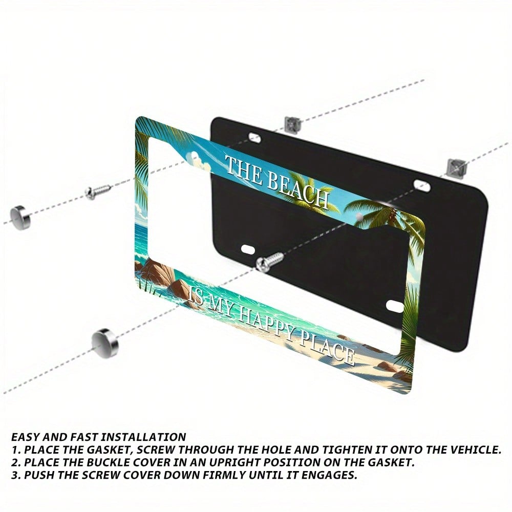 2D Flat Design, Single-Piece, For Decorative Purposes Only, Tropical Beach Scene License Plate Frame, 2.2inch * 6.2inch Aluminum Alloy Car Accessory, Featuring Palm Trees, Sunset And Ocean Patterns, C