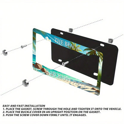 2D Flat Design, Single-Piece, For Decorative Purposes Only, Tropical Beach Scene License Plate Frame, 2.2inch * 6.2inch Aluminum Alloy Car Accessory, Featuring Palm Trees, Sunset And Ocean Patterns, C