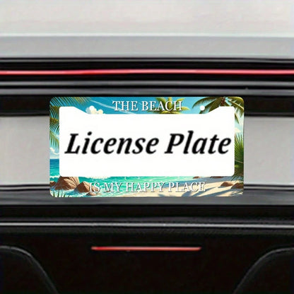 2D Flat Design, Single-Piece, For Decorative Purposes Only, Tropical Beach Scene License Plate Frame, 2.2inch * 6.2inch Aluminum Alloy Car Accessory, Featuring Palm Trees, Sunset And Ocean Patterns, C