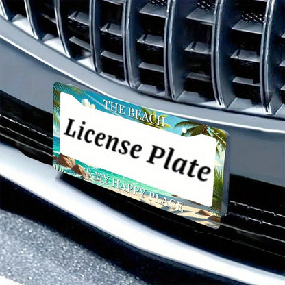 2D Flat Design, Single-Piece, For Decorative Purposes Only, Tropical Beach Scene License Plate Frame, 2.2inch * 6.2inch Aluminum Alloy Car Accessory, Featuring Palm Trees, Sunset And Ocean Patterns, C