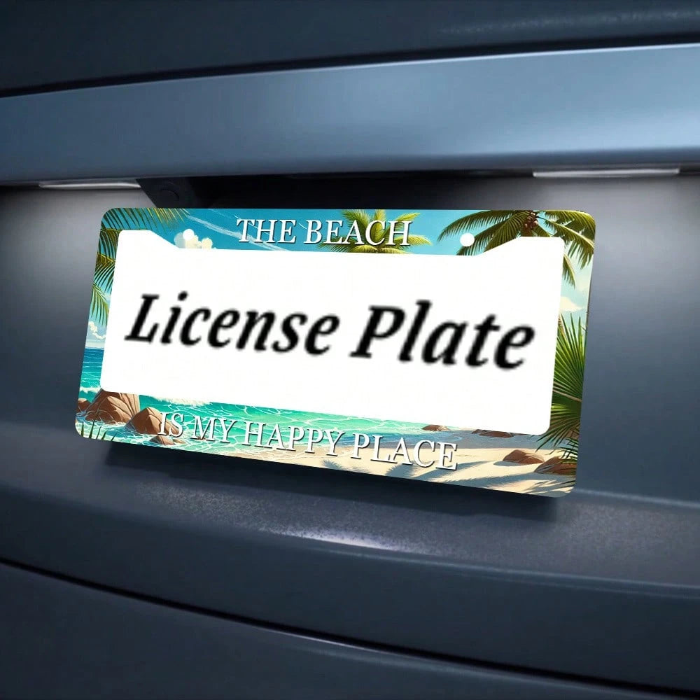 2D Flat Design, Single-Piece, For Decorative Purposes Only, Tropical Beach Scene License Plate Frame, 2.2inch * 6.2inch Aluminum Alloy Car Accessory, Featuring Palm Trees, Sunset And Ocean Patterns, C
