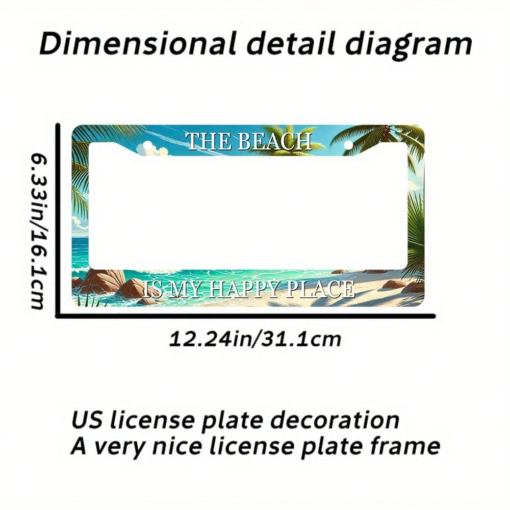 2D Flat Design, Single-Piece, For Decorative Purposes Only, Tropical Beach Scene License Plate Frame, 2.2inch * 6.2inch Aluminum Alloy Car Accessory, Featuring Palm Trees, Sunset And Ocean Patterns, C