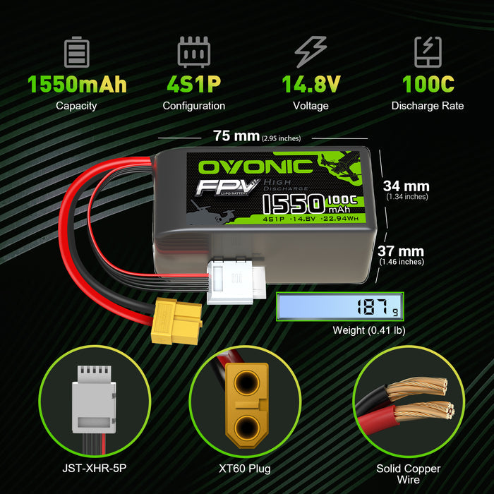 2×OVONIC 100C 14.8V 1550mAh 4S LiPo Battery Pack with XT60 Plug for for FPV Racing & Freestyle Drones