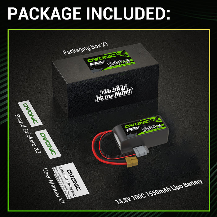 2×OVONIC 100C 14.8V 1550mAh 4S LiPo Battery Pack with XT60 Plug for for FPV Racing & Freestyle Drones