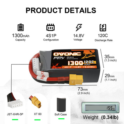 2×Ovonic 120C 1300mAh 4S LiPo Battery Pack 14.8V for FPV Racing Drone with XT60 Plug