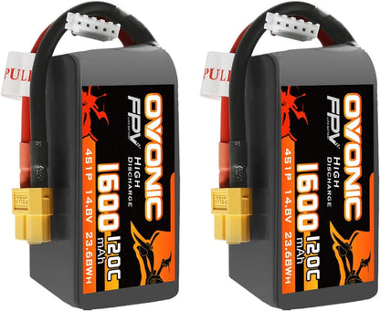 2×Ovonic 120C 14.8V 1600mAh 4S LiPo Battery Pack with XT60 Plug for 5 inch FPV Racing Freestyle Drones & Lightweight 4S Drone Builds & Long-Range FPV Drones