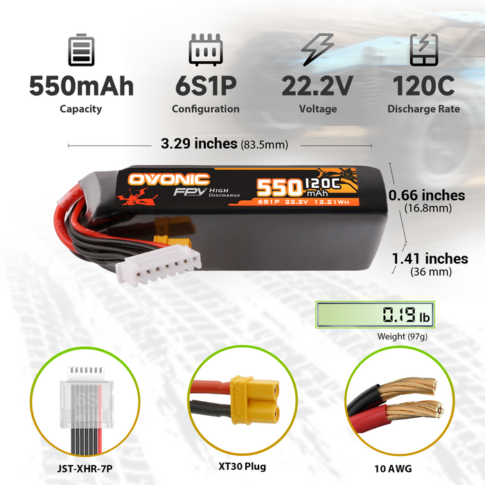2×Ovonic 120C 550mAh 6S LiPo Battery 22.2V with XT30 Plug for Micro FPV Drone Cinewhoop