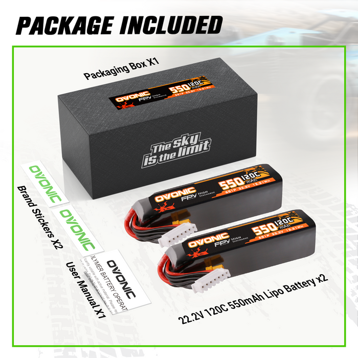 2×Ovonic 120C 550mAh 6S LiPo Battery 22.2V with XT30 Plug for Micro FPV Drone Cinewhoop