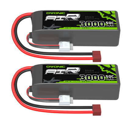 2×Ovonic 3000mAh 3S 50C Lipo Battery 11.1V Long with T Plug for RC Aircraft